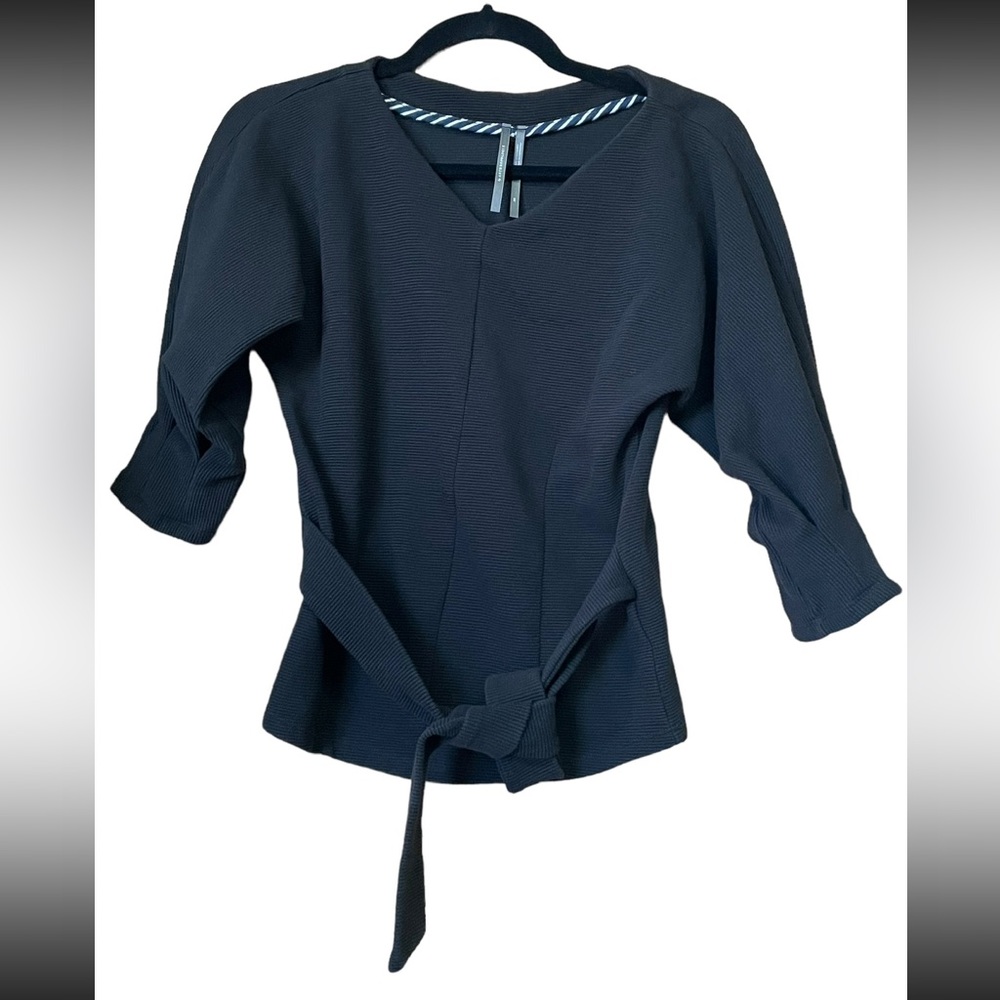 Anthropologie Black Ribbed Tie Beltn Dolman Sleeve V-Neck Blouse Black XS